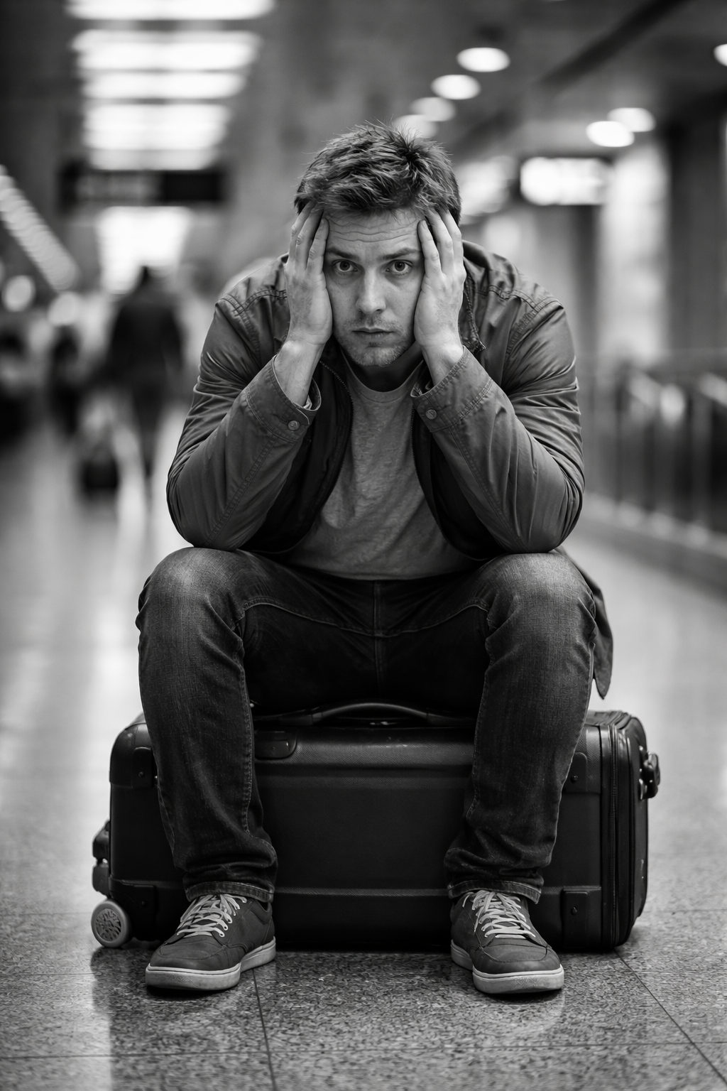 Voyageur tétanisé assis sur sa valise, figé par la peur de partir