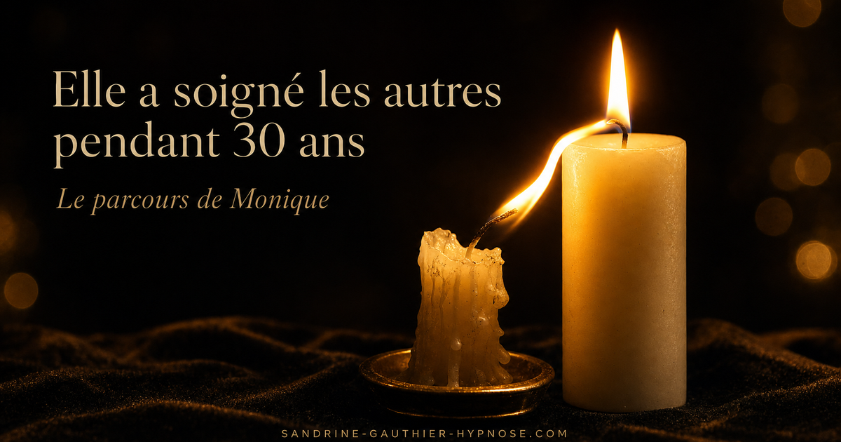 Une bougie consumée ravive la flamme d'une bougie neuve, symbole du parcours de Monique en hypnose