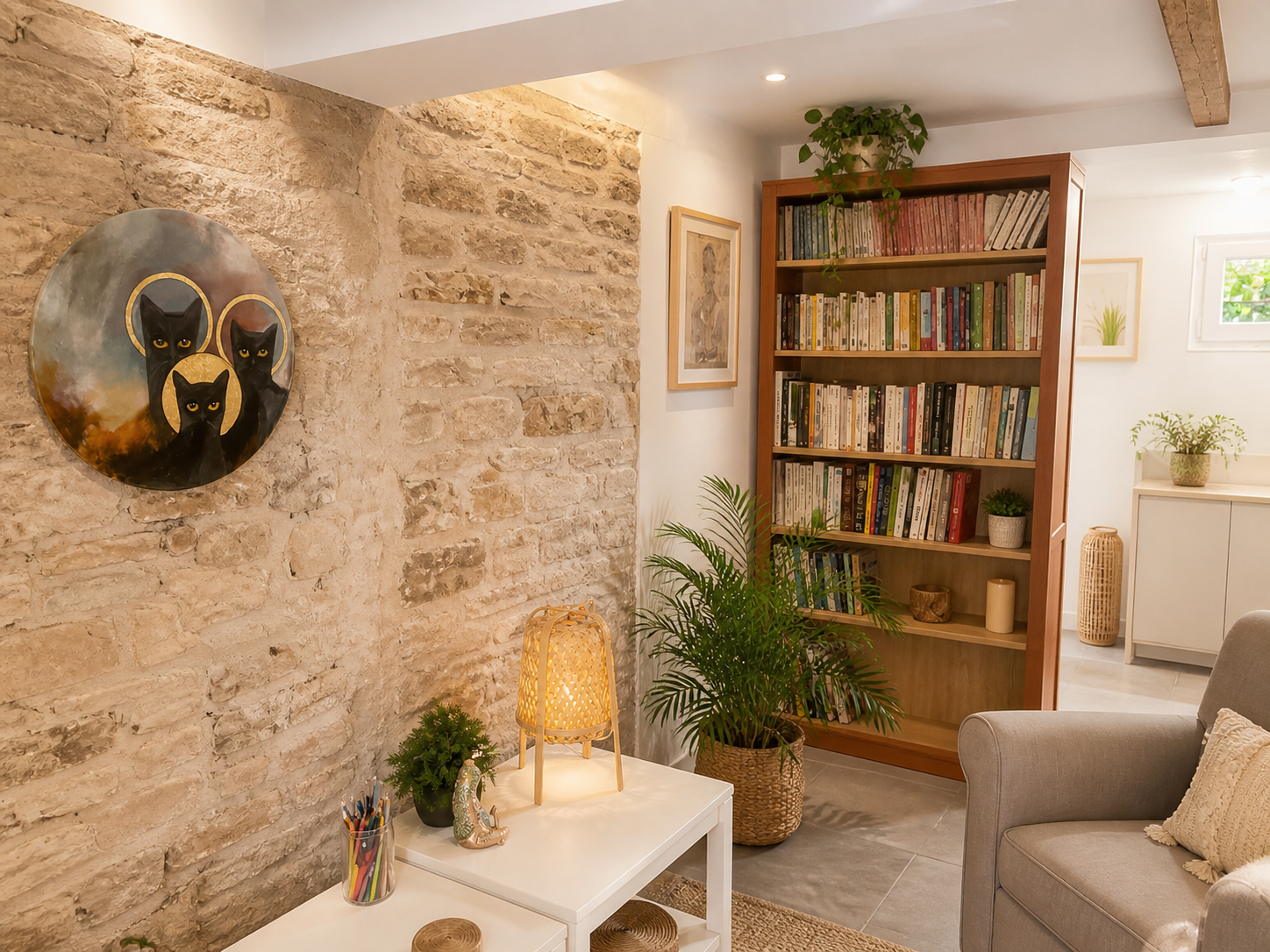 Cabinet d'hypnose à Lingolsheim : espace chaleureux avec mur en pierre