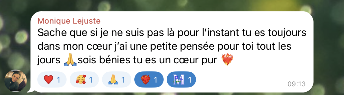 Message de gratitude de Monique, une pensée chaque jour pour Sandrine