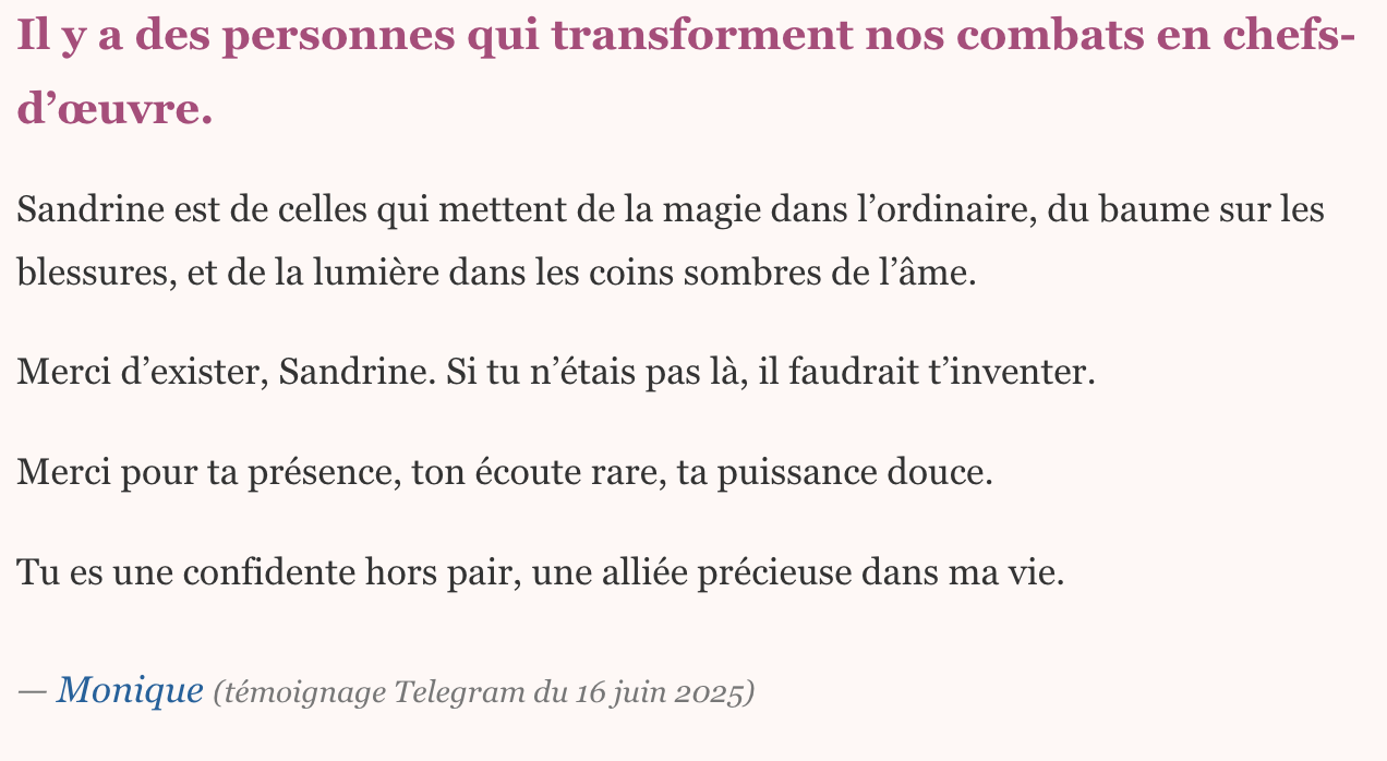 Message de gratitude de Monique, une pensée chaque jour pour Sandrine