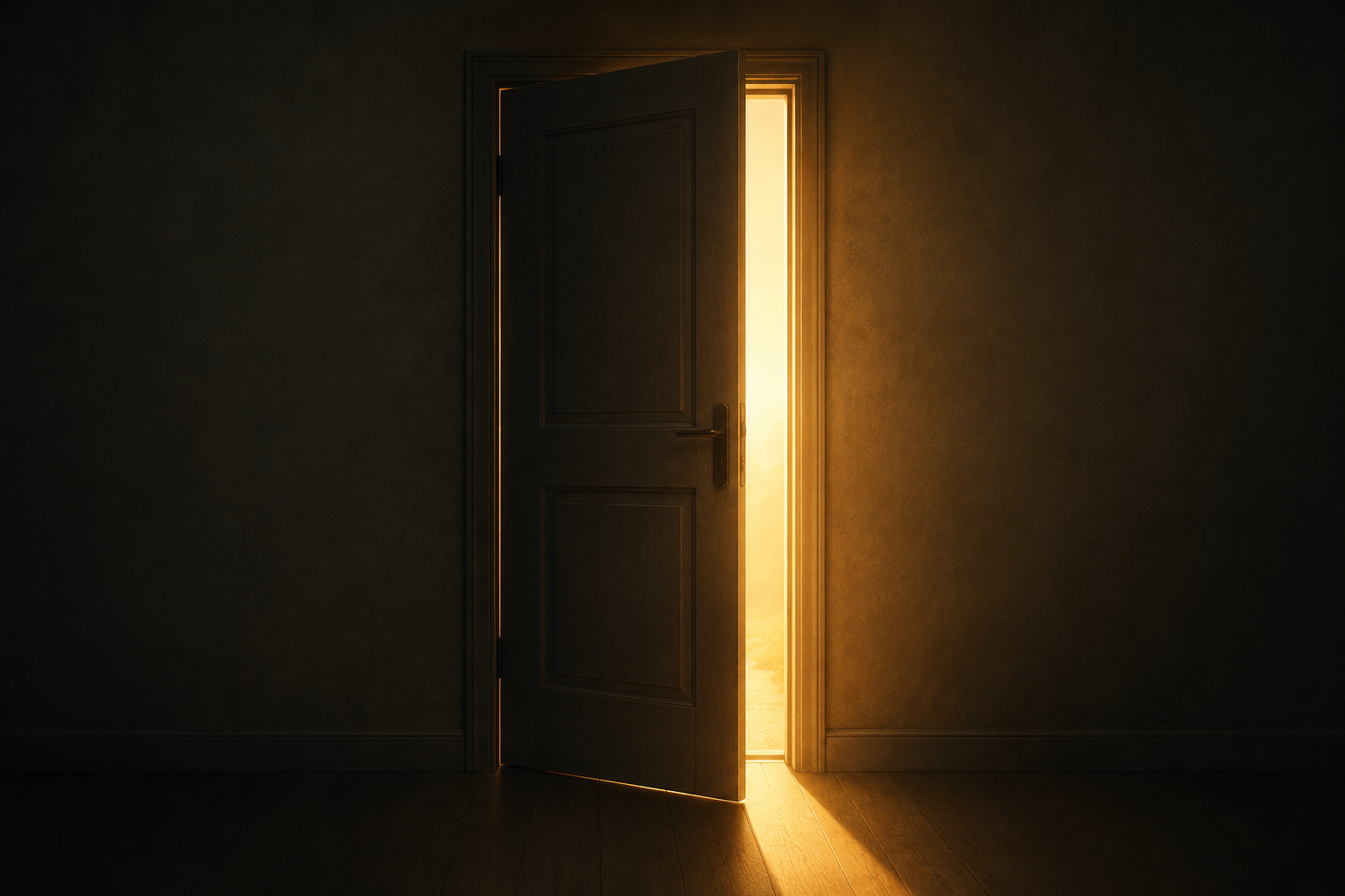 Une porte entrouverte laissant passer une lueur dorée, symbole d'une sortie qui reste possible
