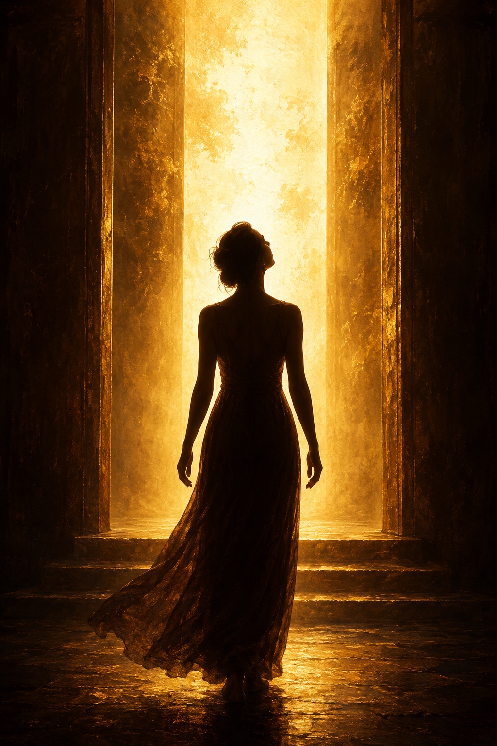 Silhouette d'une femme face à un seuil lumineux, posture qui se redresse, palette or et brun profond