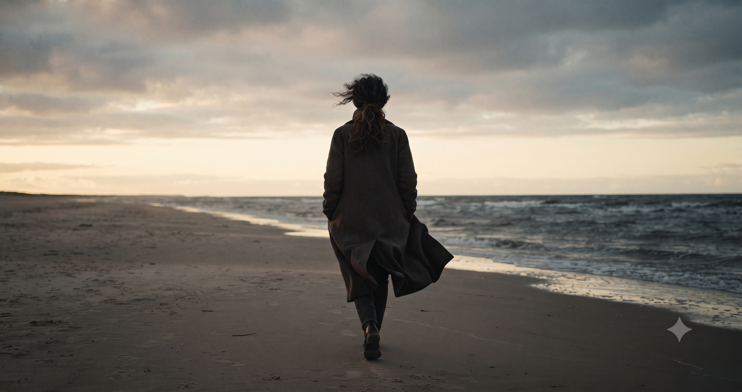 Femme adulte marchant face au vent et reprenant progressivement sa propre place