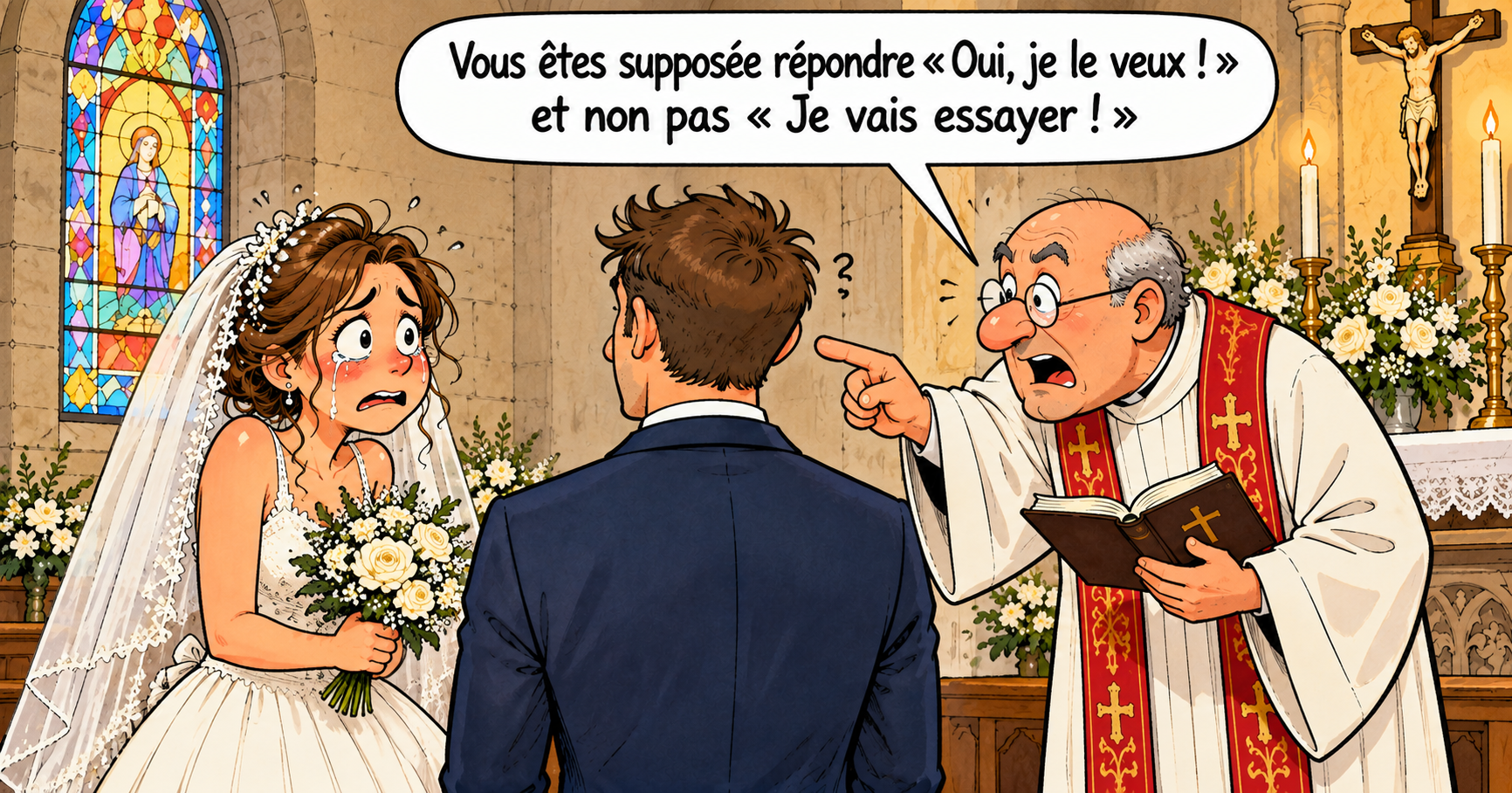 Caricature d'une mariée en larmes devant le prêtre qui lui rappelle de répondre «&nbsp;Oui, je le veux&nbsp;» au lieu de «&nbsp;Je vais essayer&nbsp;»&nbsp;: l'auto-sabotage le jour du mariage