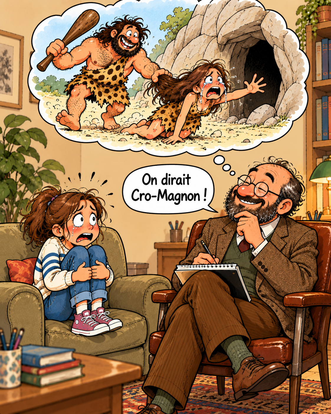Caricature d'une fillette bouleversée face à un psychologue amusé qui compare son cauchemar à Cro-Magnon traînant une femme en larmes par les cheveux