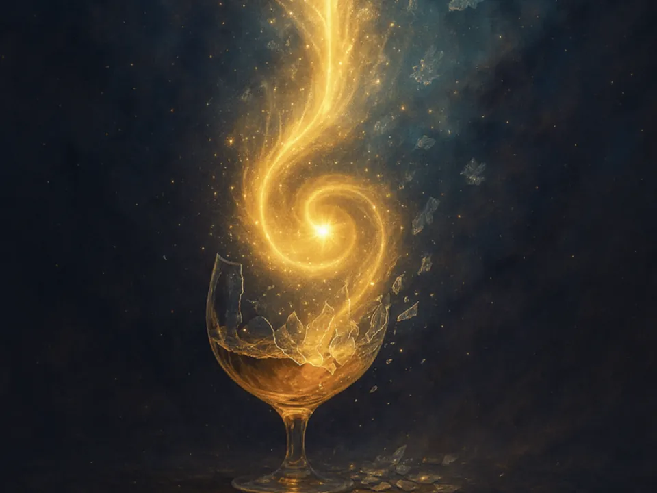 Verre d’alcool qui se fissure d’où s’élève une spirale de lumière dorée, auto-hypnose pour se libérer de l’alcool