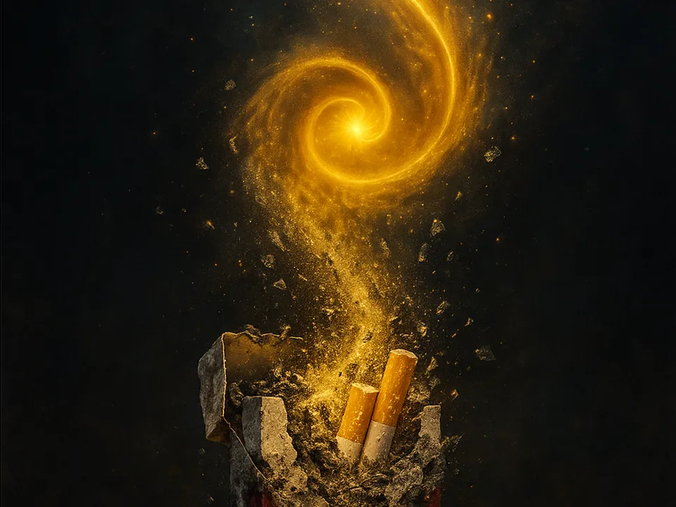Paquet de cigarettes qui se désagrège en spirale de lumière dorée, auto-hypnose pour arrêter de fumer