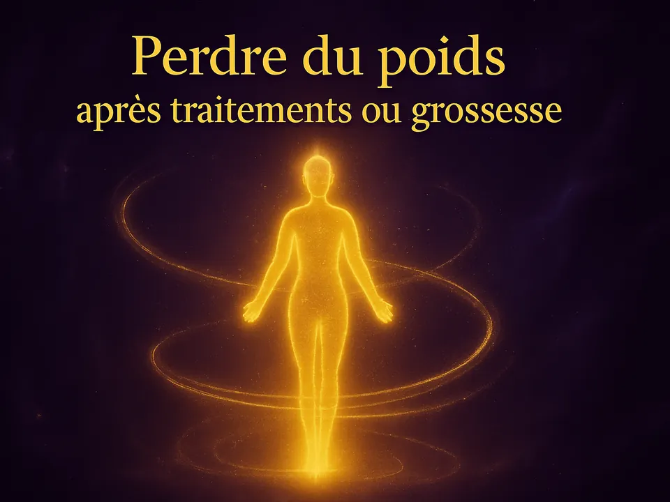 Silhouette lumineuse dorée entourée de spirales, auto-hypnose pour perdre du poids après une grossesse ou un traitement