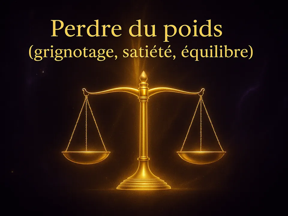 Balance dorée en équilibre sur fond nuit, auto-hypnose perte de poids quand la nourriture comble un vide