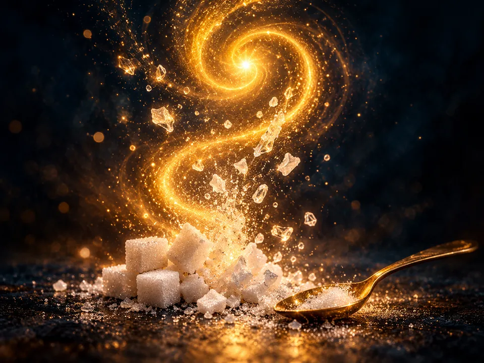 Morceaux de sucre qui se libèrent en éclats lumineux et spirale dorée, auto-hypnose pour se libérer du sucre