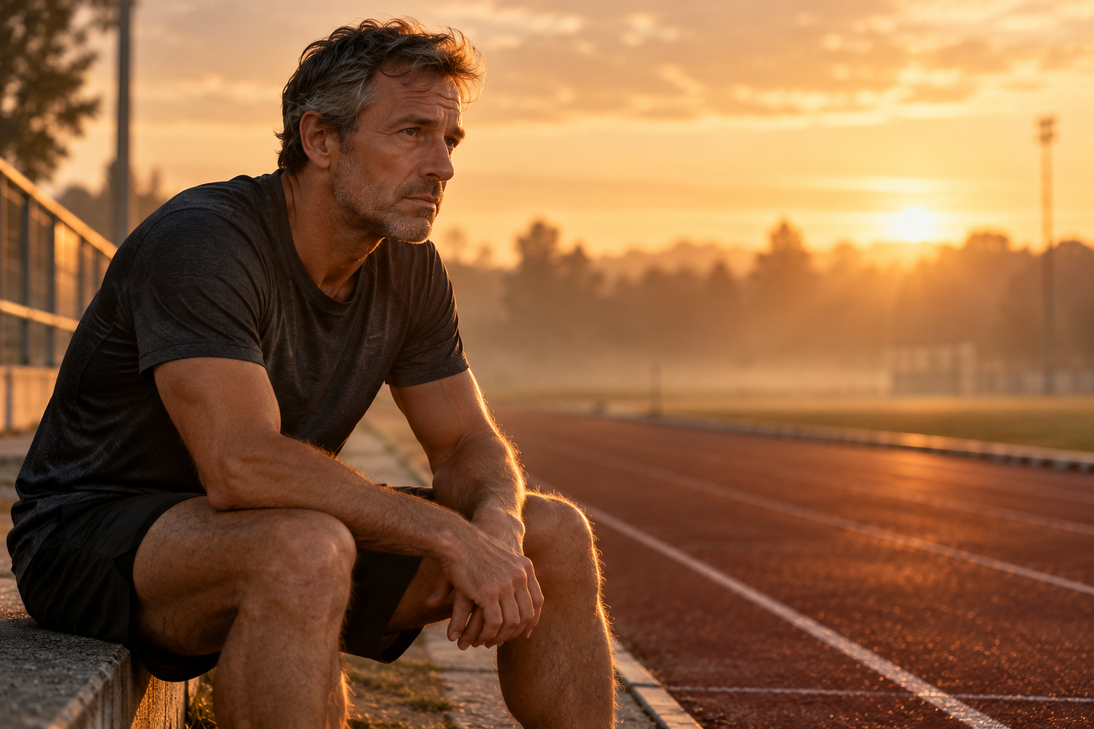 Homme d'une cinquantaine d'années assis au bord d'une piste d'athlétisme à l'aube, les mains posées sur ses jambes, le regard inquiet