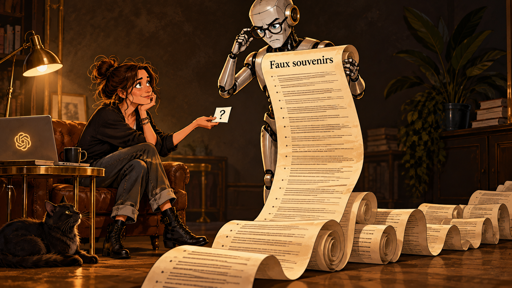 Dessin humoristique d'une femme qui tend un petit papier avec un point d'interrogation, face à un robot très sérieux qui déroule un parchemin interminable intitulé « Faux souvenirs »